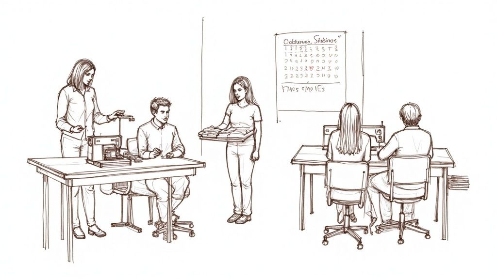 A person using a sewing machine in a well-lit workshop.