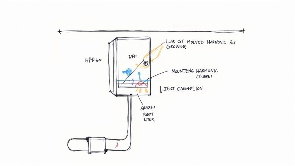 Hand-drawn sketch illustrating an electrical cabinet with a VFD, harmonic filters, and associated wiring.