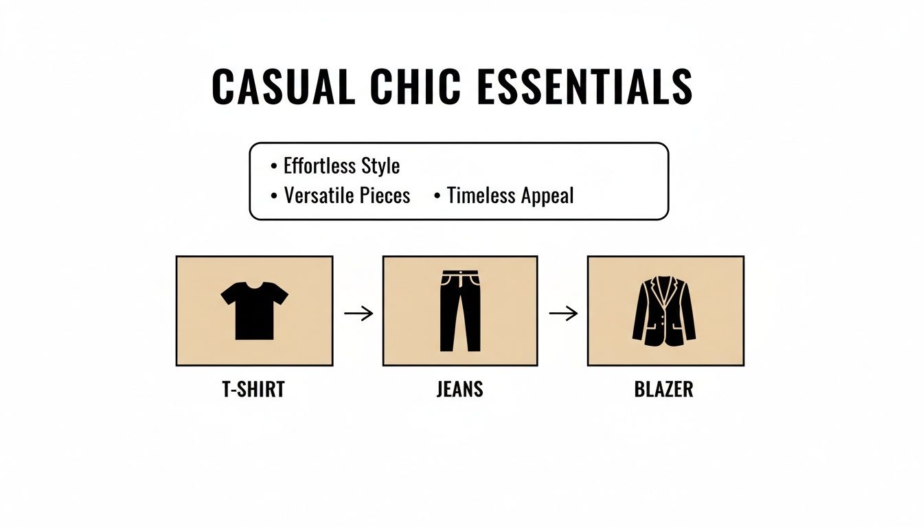 Diagram showing casual chic essentials: t-shirt, jeans, and blazer, emphasizing effortless, versatile, and timeless style.