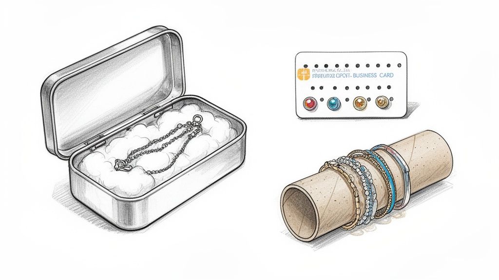 Illustration of jewelry travel hacks: a necklace in a tin, bracelets on a roll, and a card for small items.