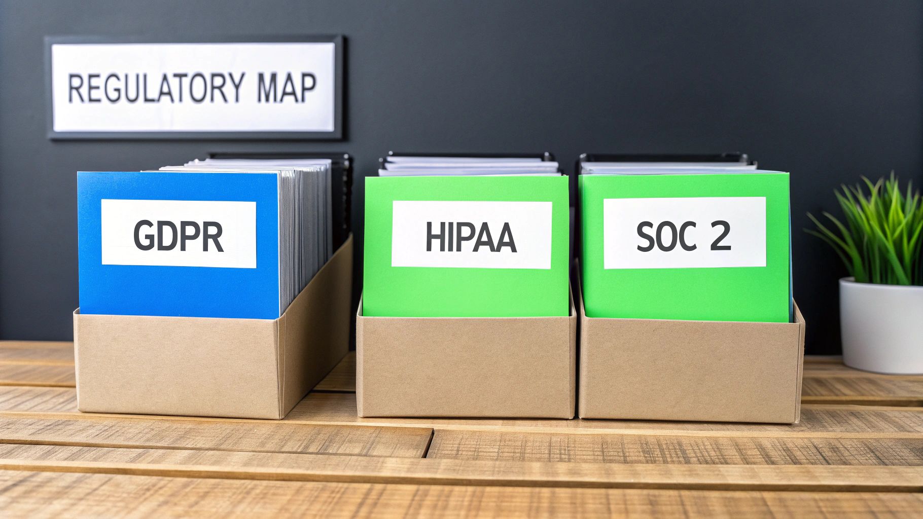 Three file folders for GDPR, HIPAA, and SOC 2 on a desk, representing regulatory compliance.