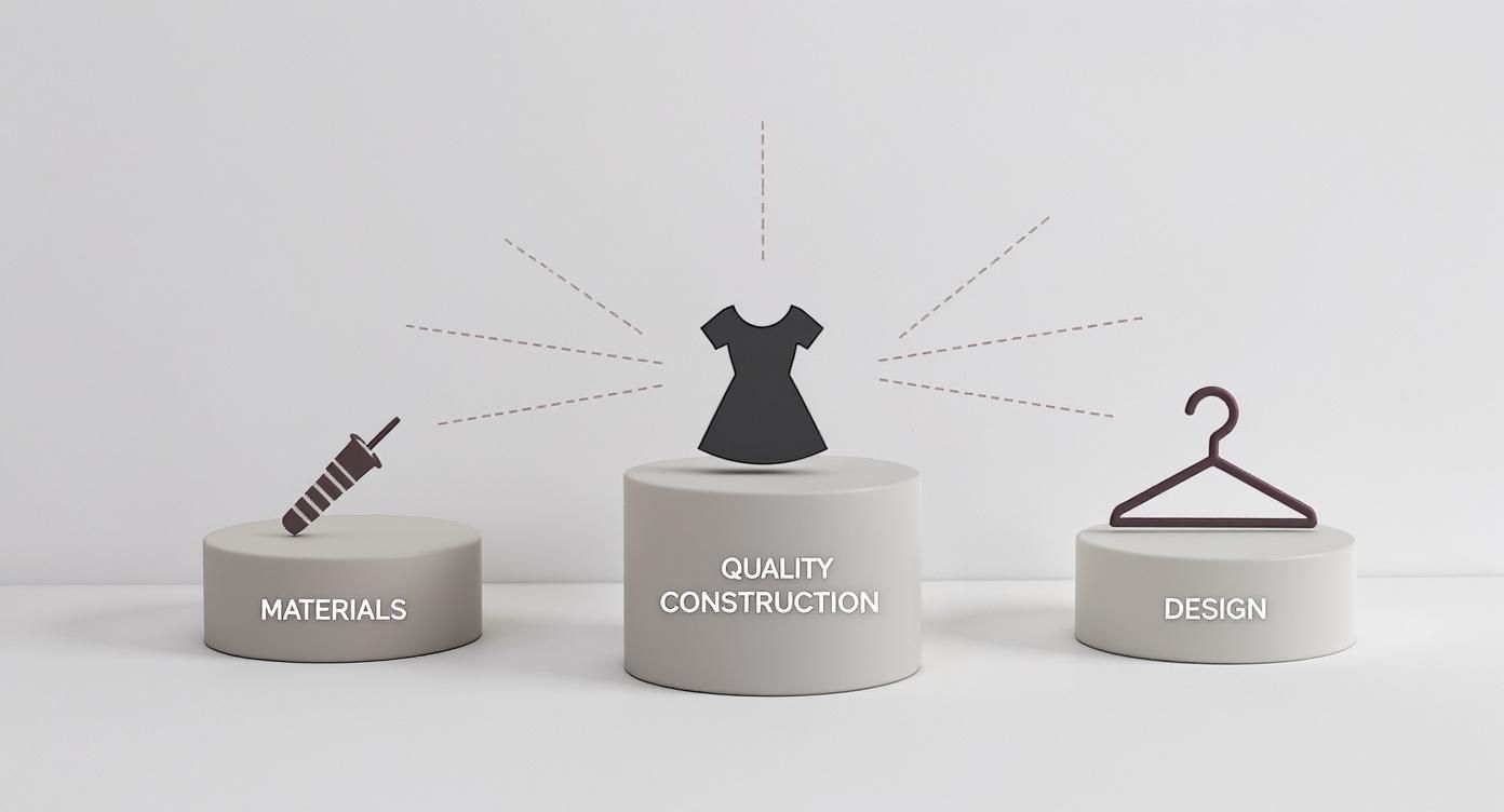 A diagram illustrating materials, quality construction, and design in creating a dress.