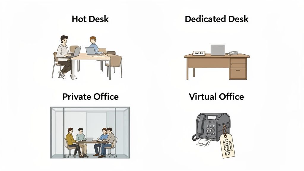 Illustrations showing four types of office setups: Hot Desk, Dedicated Desk, Private Office, and Virtual Office.