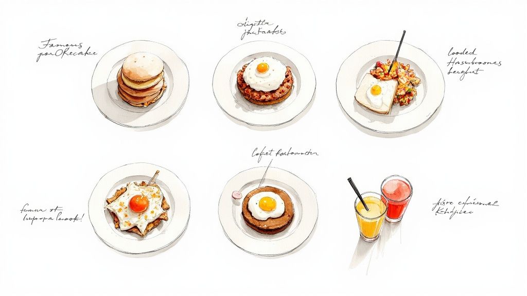Watercolor illustration of various breakfast dishes including pancakes, waffles with eggs, toast, hashbrowns, and juice.