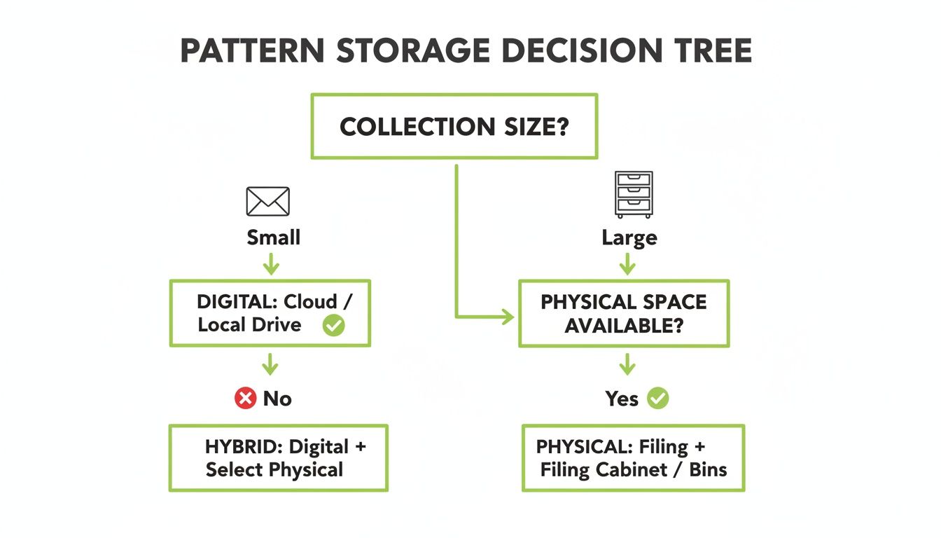 Decision tree for pattern storage based on collection size and physical space availability.