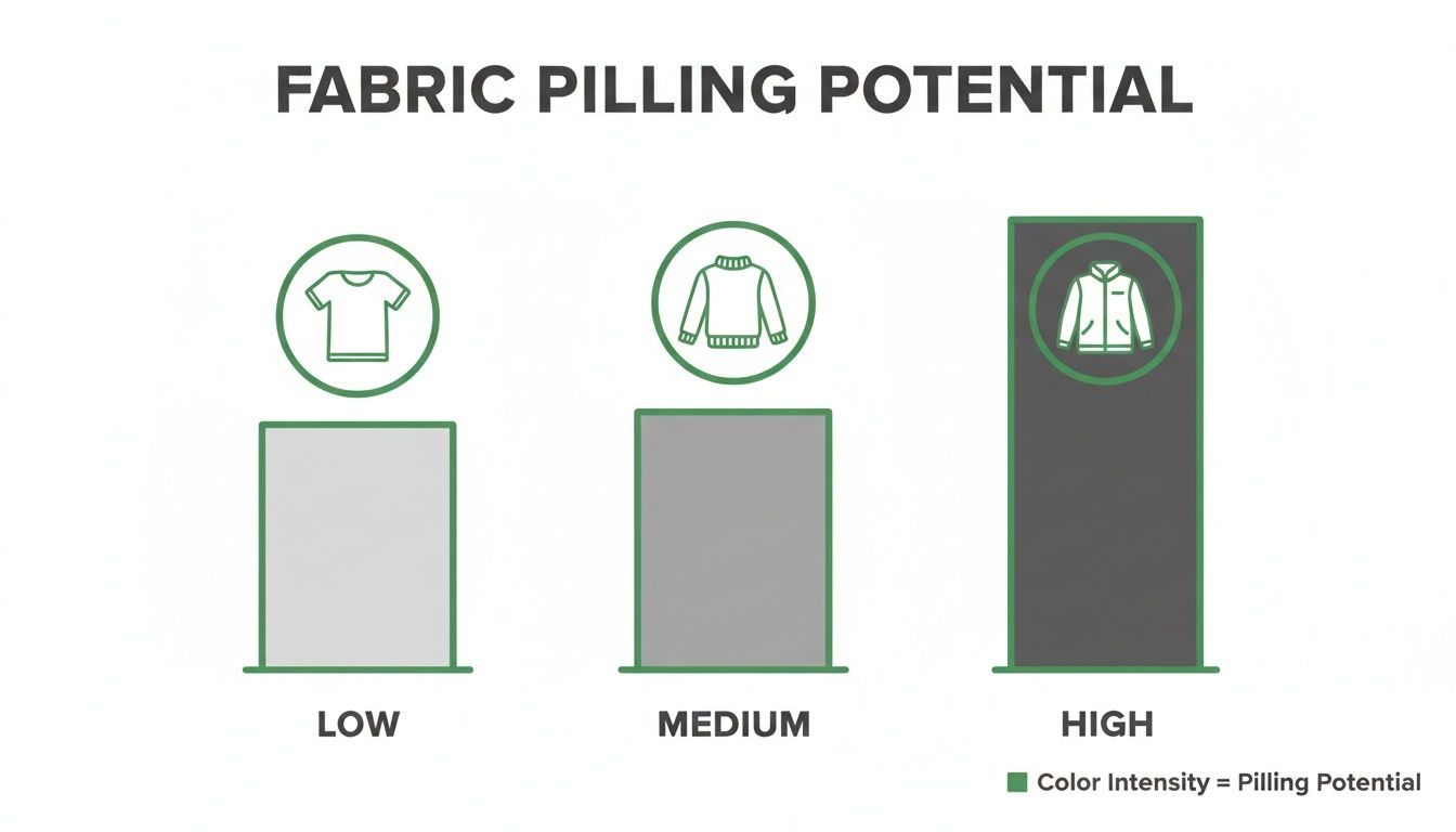 Bar chart illustrating fabric pilling potential: low (t-shirt), medium (sweater), and high (jacket).