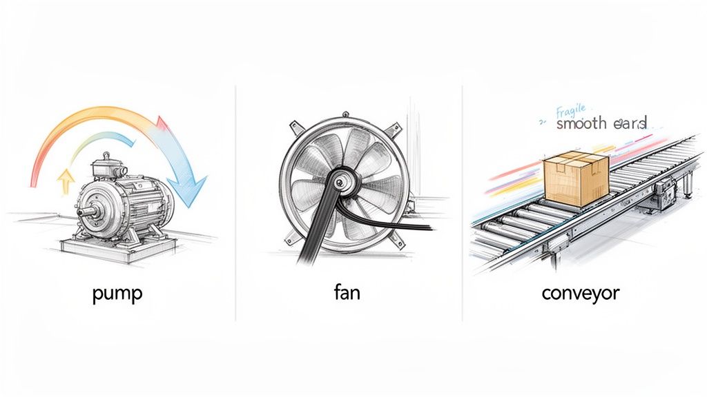Sketches of industrial equipment: a motor pump with flow arrows, a fan, and a box on a conveyor.