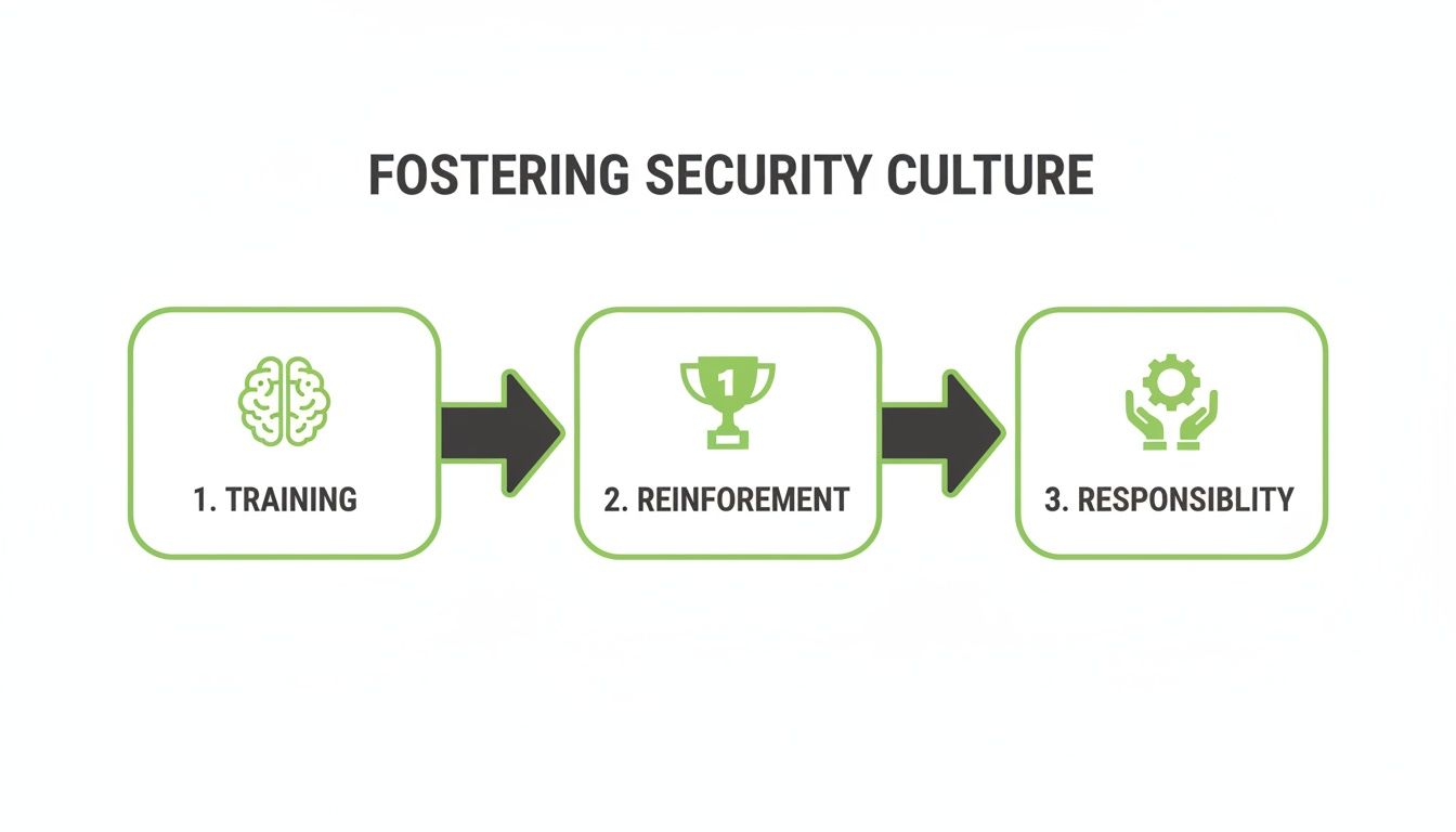 A diagram showing three steps to foster security culture: Training, Reinforcement, and Responsibility.