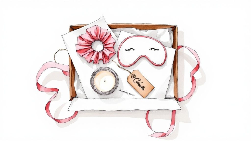 A charming bridesmaid gift box with a pink scrunchie, sleep mask, candle, and personalized tag.