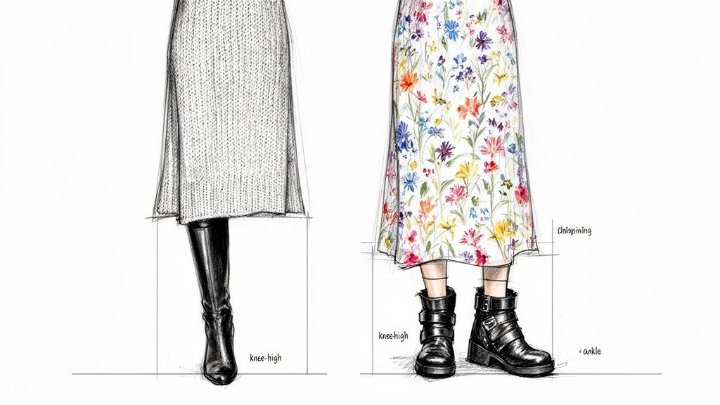 Fashion illustration comparing midi skirts with knee-high boots and ankle boots.