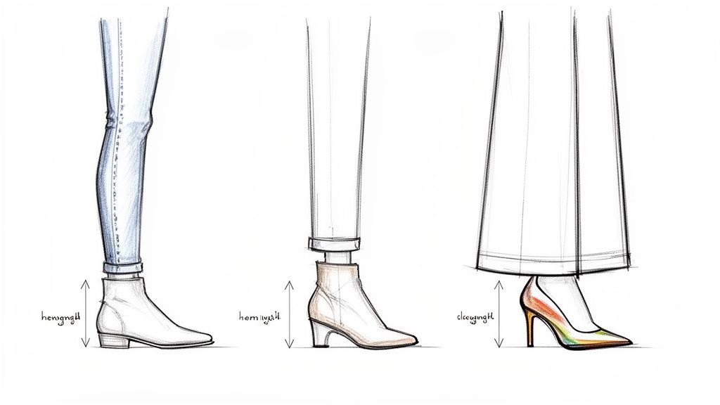 Sketches illustrating different pant and skirt hem lengths styled with ankle boots and high heels.