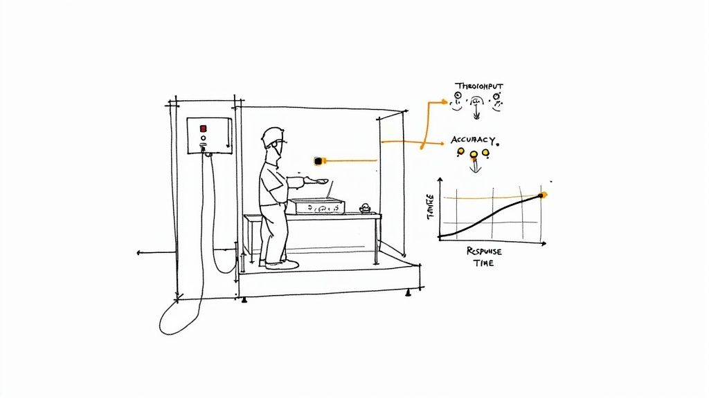 Hand-drawn diagram illustrating a factory acceptance test, showing a person operating equipment and measuring throughput, accuracy, and response time.