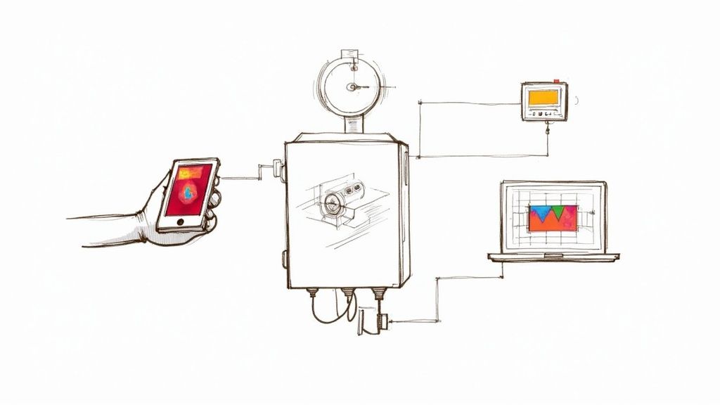 Industrial IoT monitoring system with smartphone control, sensors, and data visualization displays for motor control