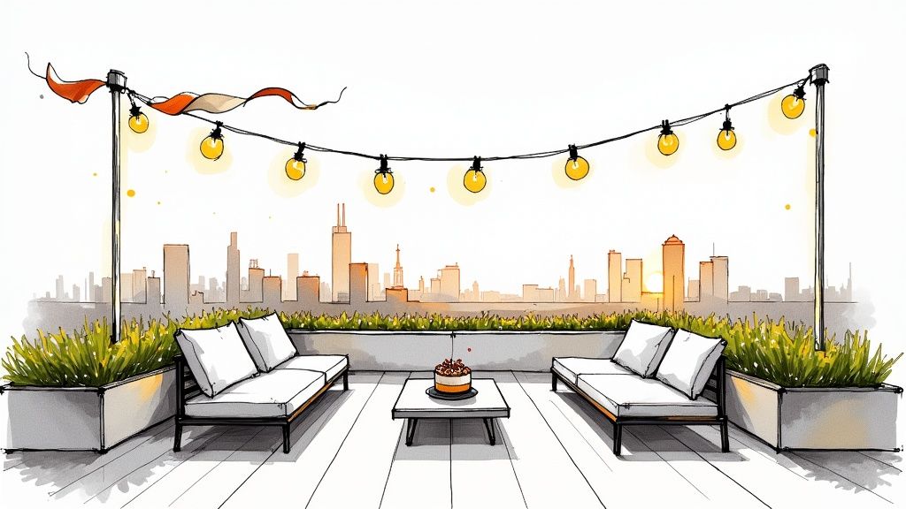 A charming illustration of a rooftop patio with sofas, string lights, cake, and city skyline.