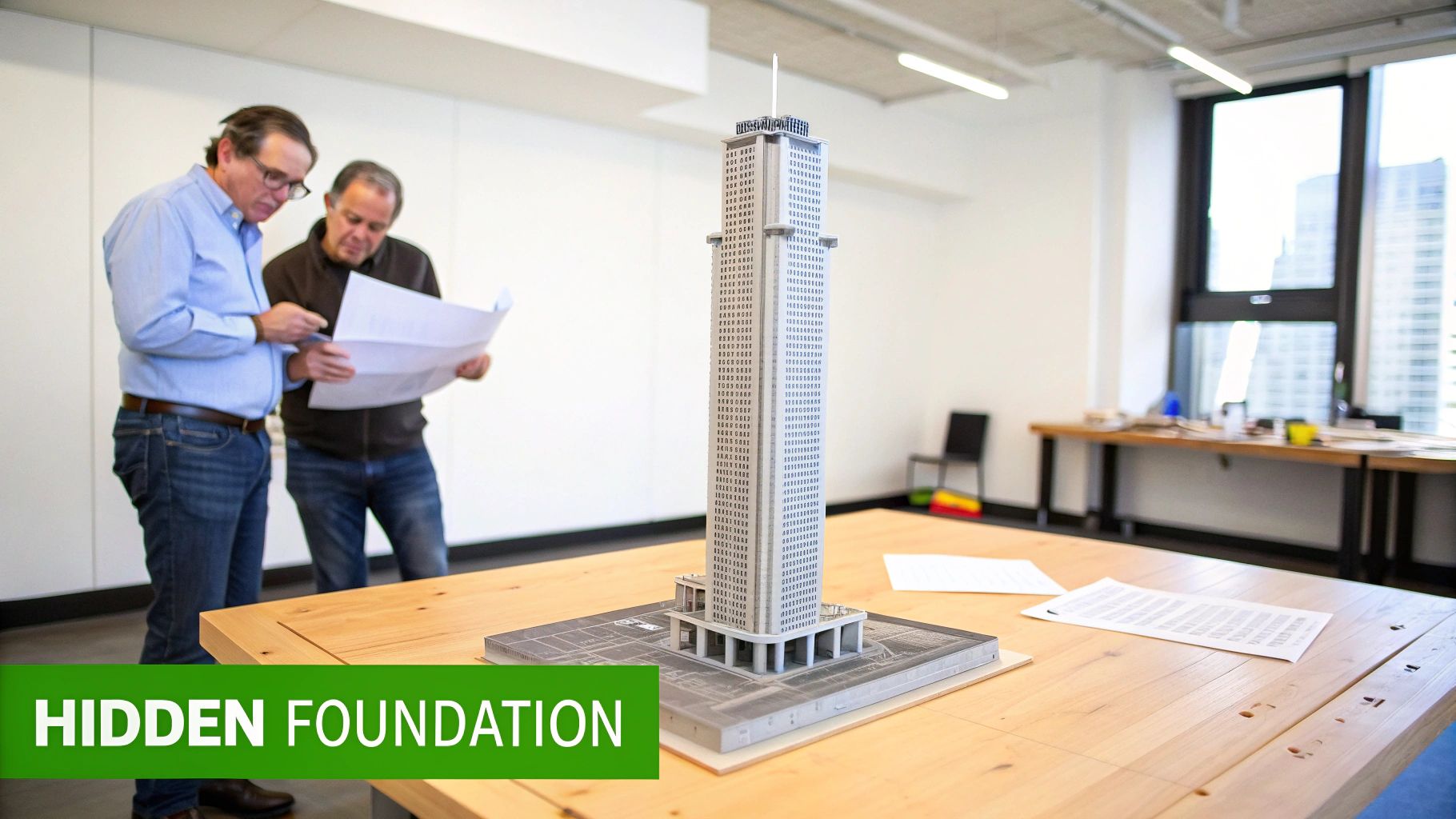 Two men review blueprints next to a detailed skyscraper model on a wooden table.
