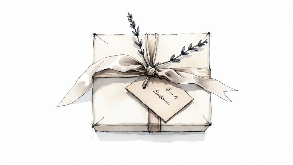 Elegant wrapped gift box with ribbon bow, lavender sprigs, and handwritten blessings tag