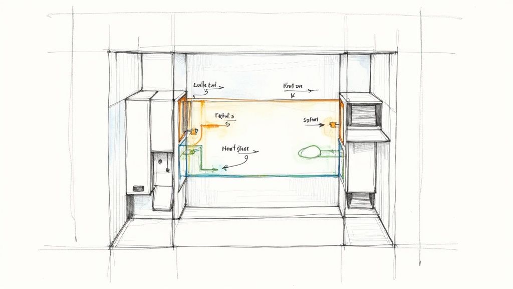 Hand-drawn sketch of aquarium cabinet design showing filter, heater, and lighting placement with annotations