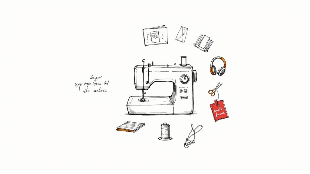 A display of colorful threads organized on a wall rack.