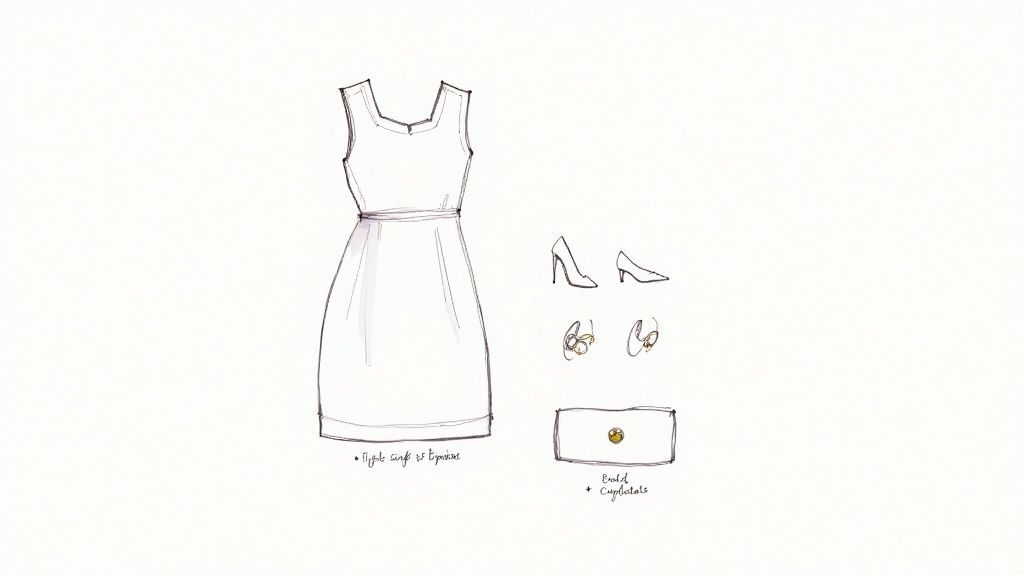 Hand-drawn sketch illustrating a complete outfit: a sleeveless dress, high heels, elegant earrings, and a clutch bag.