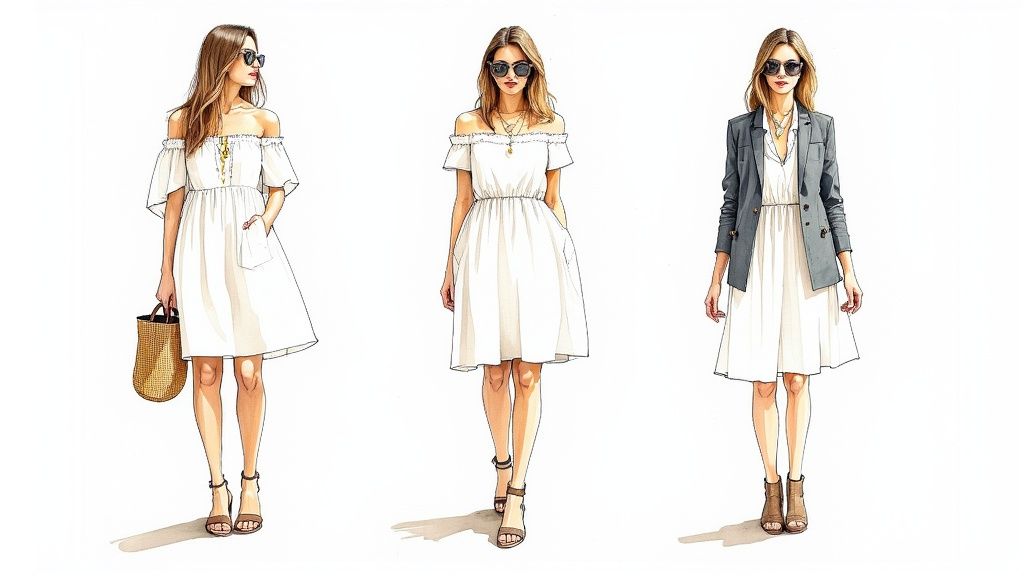 Three styling options for white linen off shoulder dress with blazer and accessories