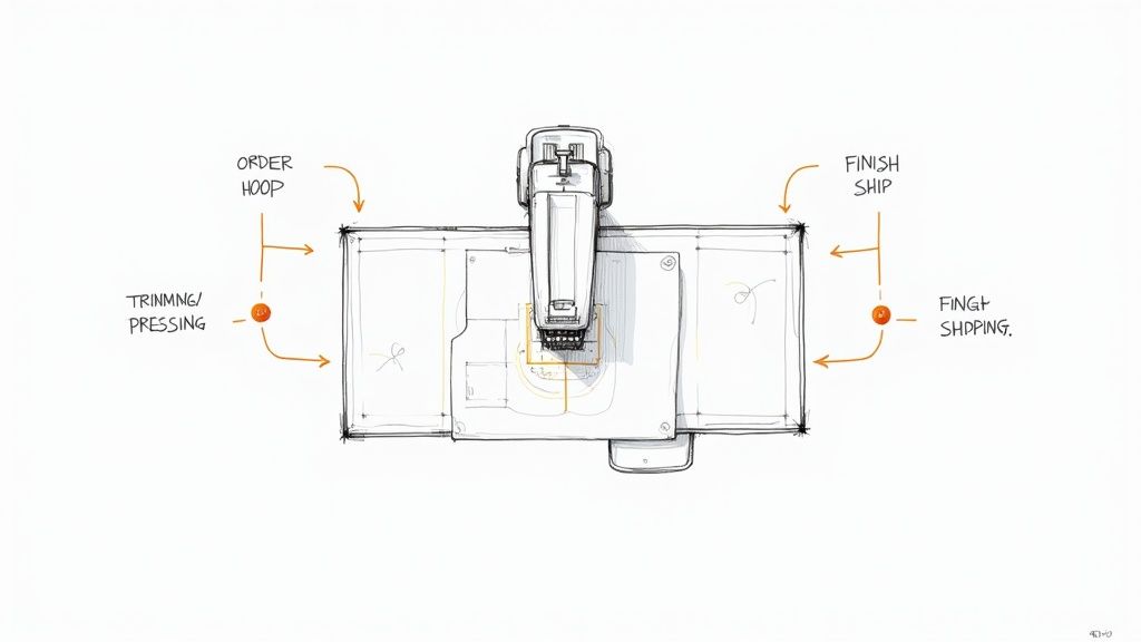 Top-down sketch of an embroidery machine outlining its complete workflow from order to shipping.