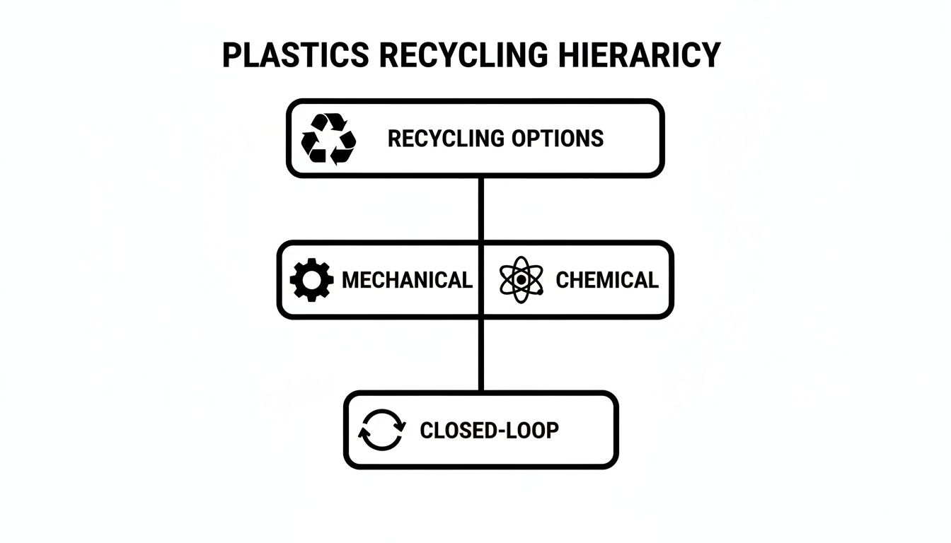 Flowchart showing the plastics recycling hierarchy: recycling options, mechanical, chemical, and closed-loop stages.