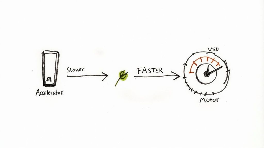 A diagram illustrating the transformation from a slower accelerator process to a faster VSD motor using an efficiency symbol.