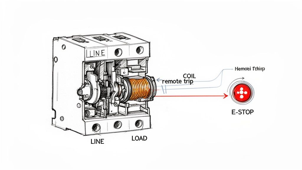 Diagram illustrating a circuit breaker with a remote trip coil connected to an E-STOP button for emergency shutdown.