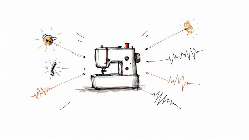 A sewing machine operator listening closely to the machine's sounds.