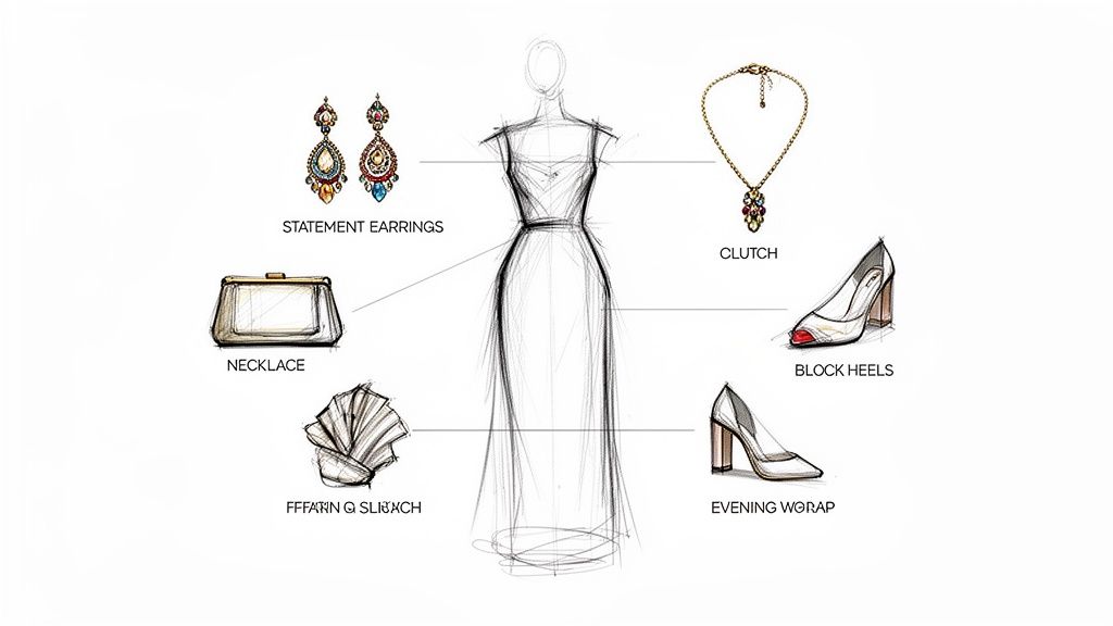 A fashion illustration showcasing a dress with various accessories like earrings, clutch, necklace, heels, and an evening wrap.