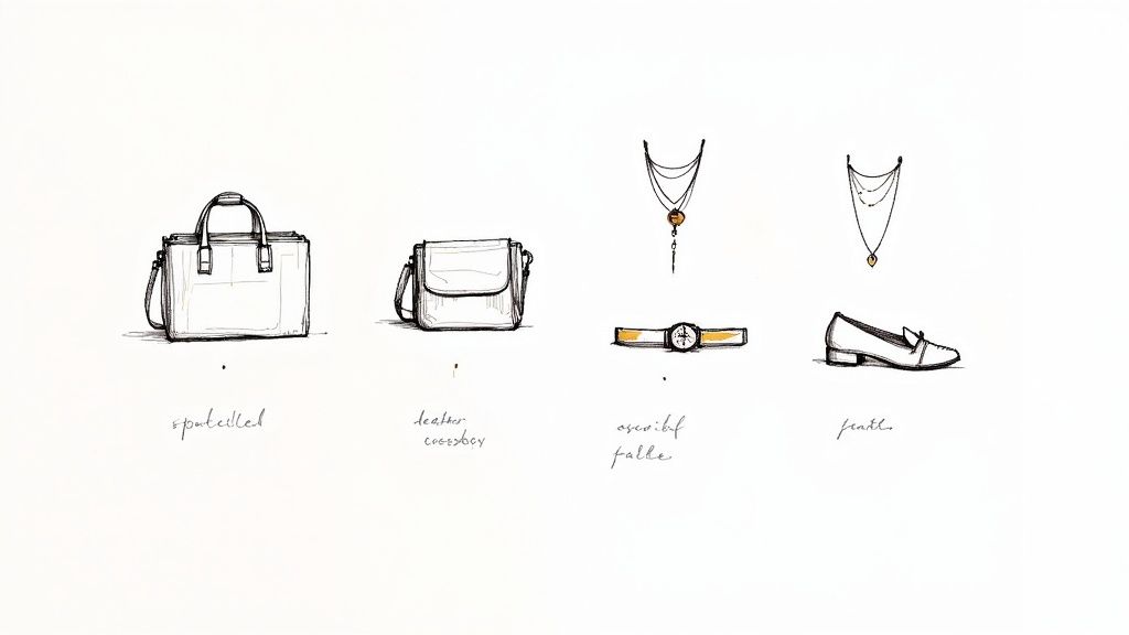 Sketches of smart casual accessories: a briefcase, a leather crossbody bag, necklaces, a watch, and a loafer shoe.