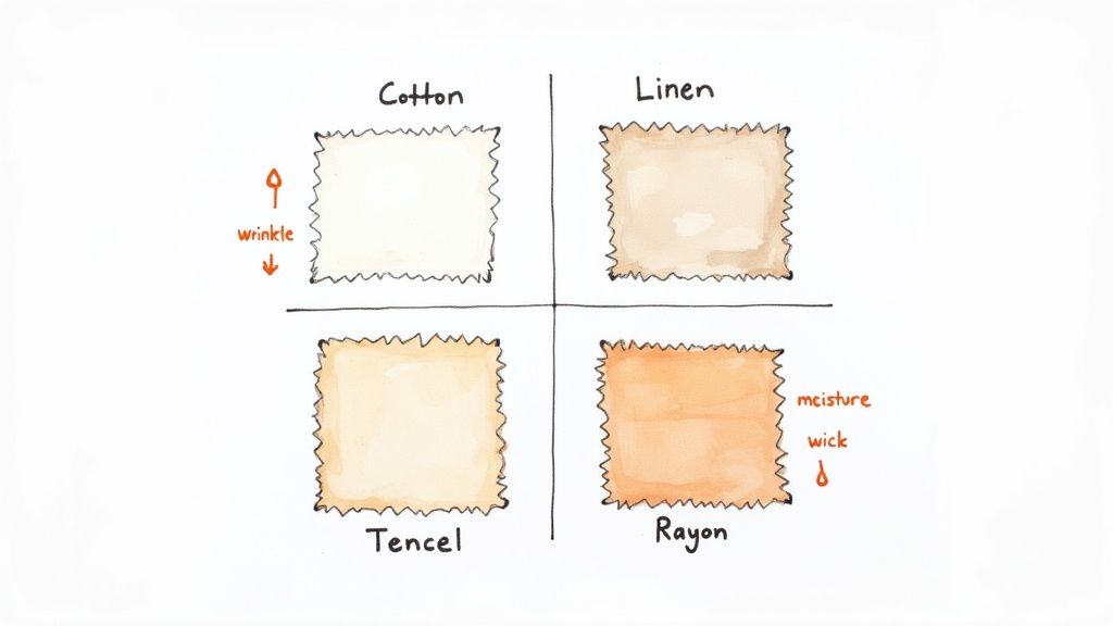 Comparison of four fabric types: Cotton, Linen, Tencel, and Rayon, highlighting wrinkle and moisture-wicking properties.