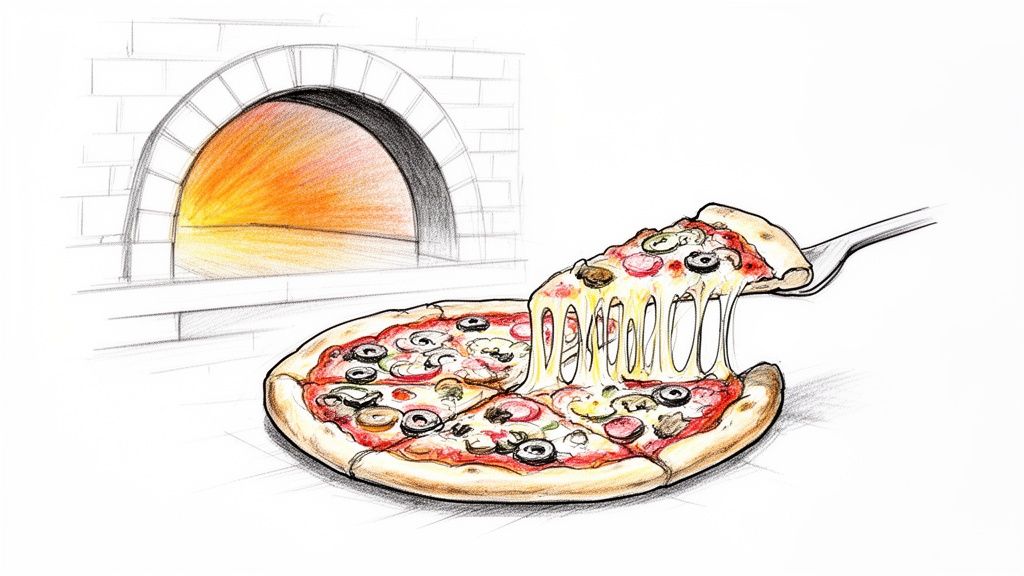 A delicious hand-drawn illustration of a cheesy pizza slice being served from a hot wood-fired oven.