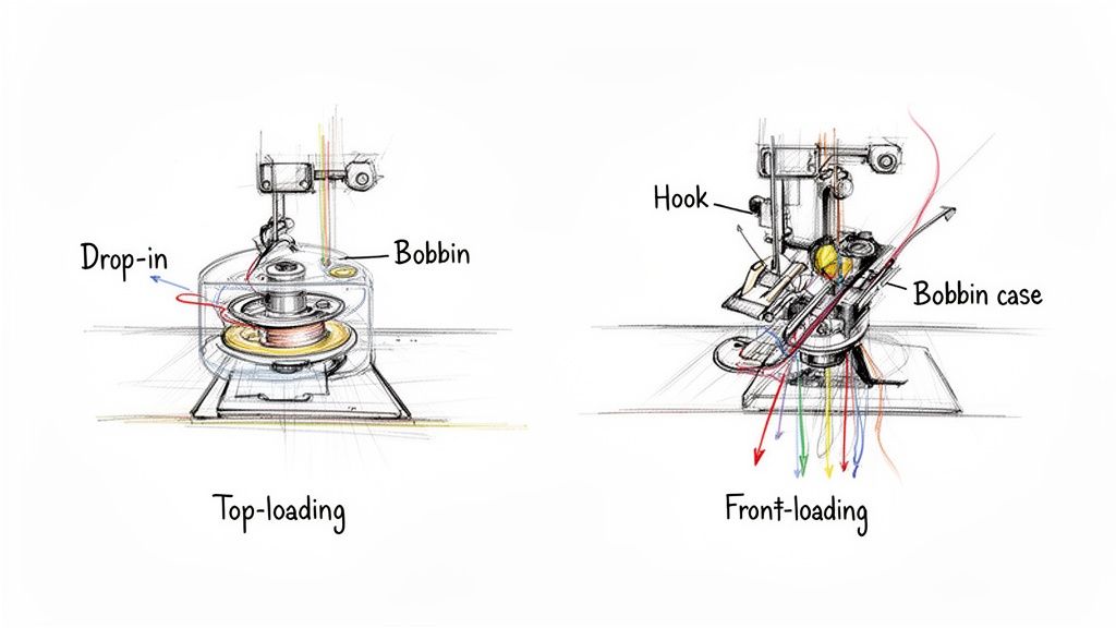 Two detailed diagrams illustrate top-loading and front-loading bobbin mechanisms in sewing machines with labeled parts.