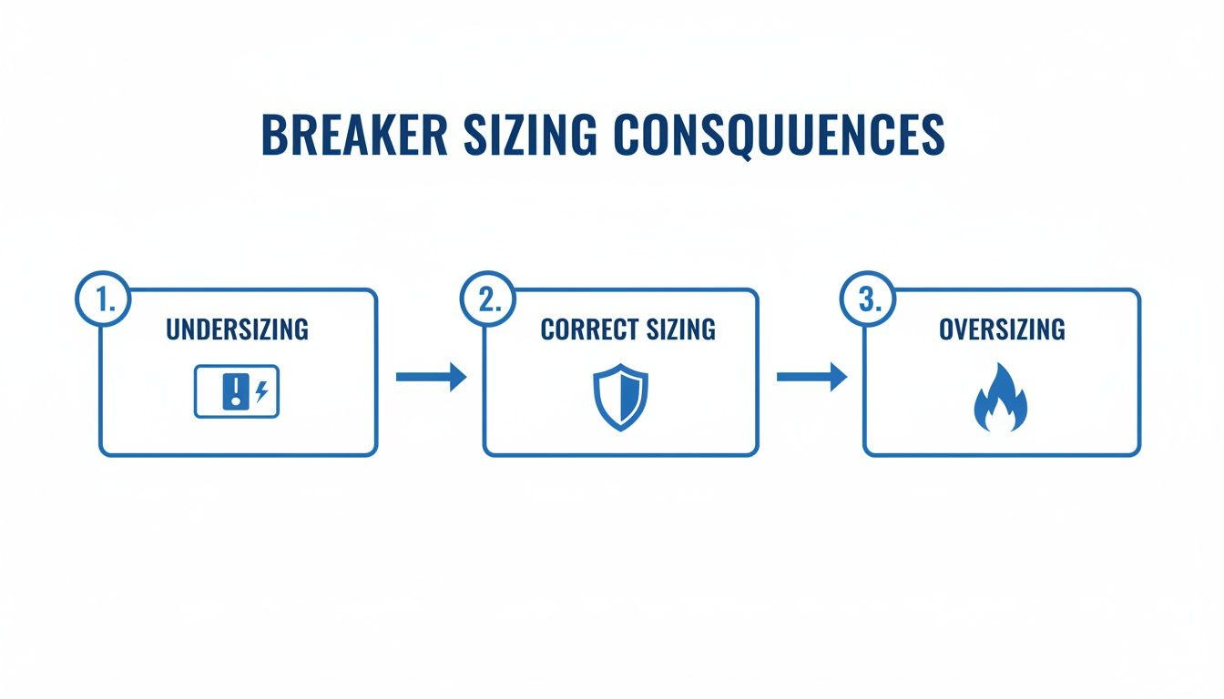 An infographic illustrating the consequences of breaker sizing: undersizing (danger), correct sizing (protection), and oversizing (fire hazard).