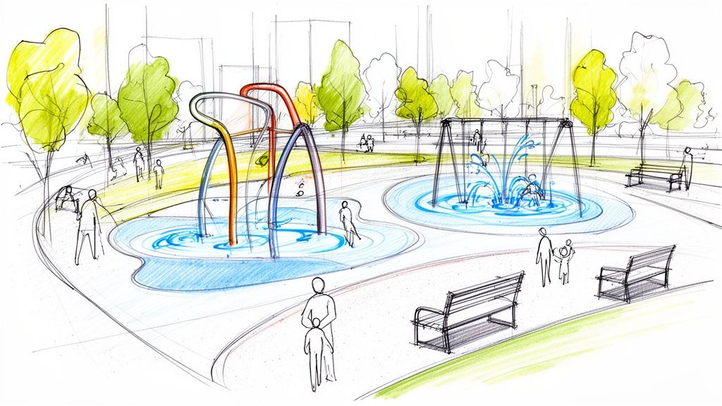 A vibrant sketch depicts a modern splash pad with colorful water arches, fountains, and people playing.