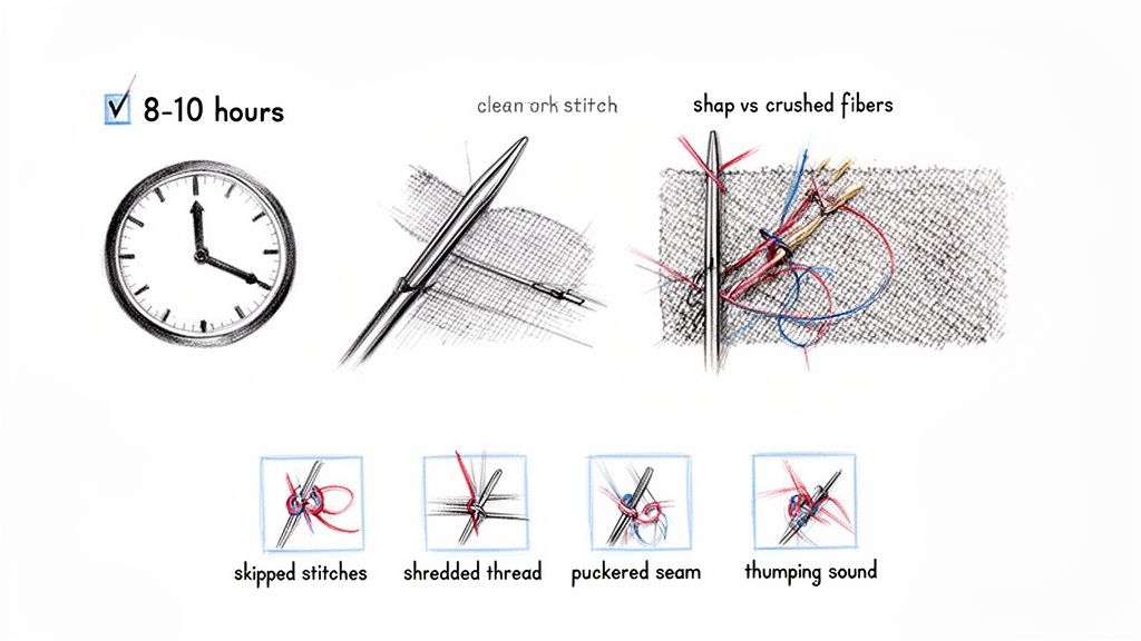 Illustrations comparing proper sewing machine needle function with common problems like skipped stitches and shredded thread.