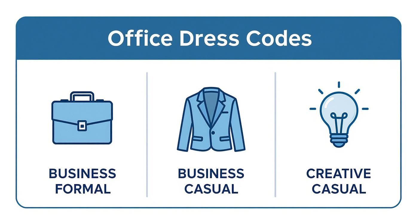 An infographic displaying three office dress codes: Business Formal, Business Casual, and Creative Casual.
