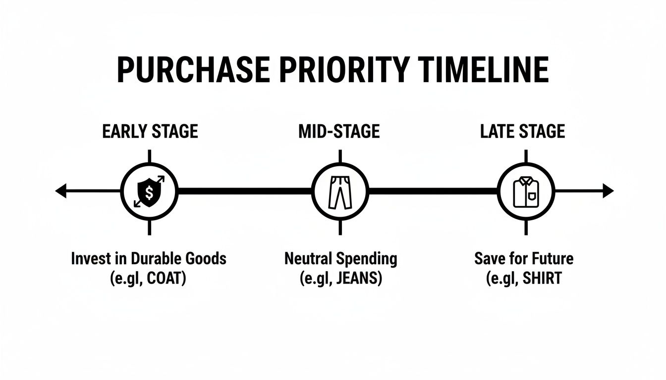 A purchase priority timeline showing early (durable goods), mid (neutral spending), and late (saving) stages.