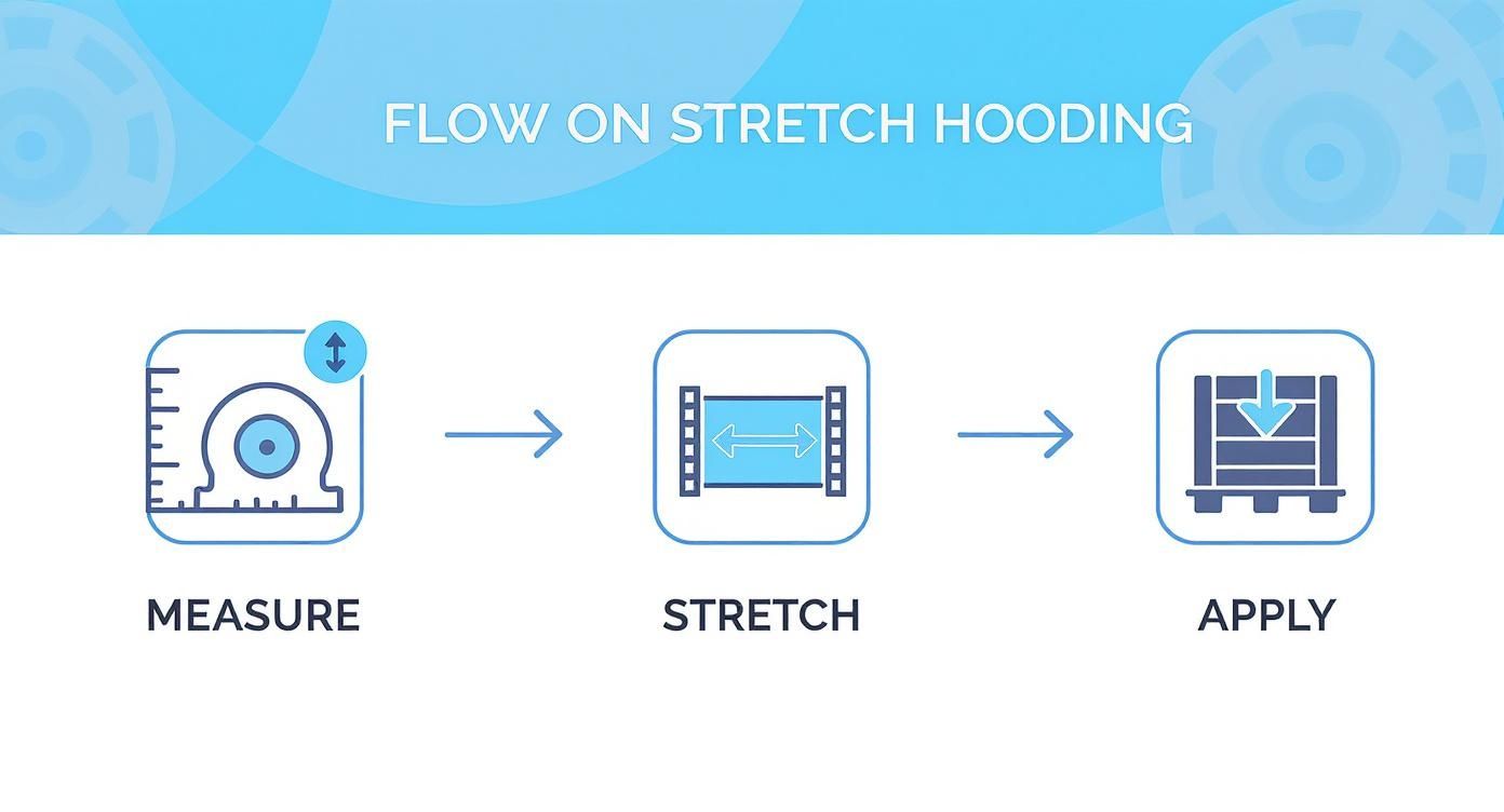 Flowchart showing three steps of stretch hooding: measuring dimensions, stretching film, and applying to a pallet.