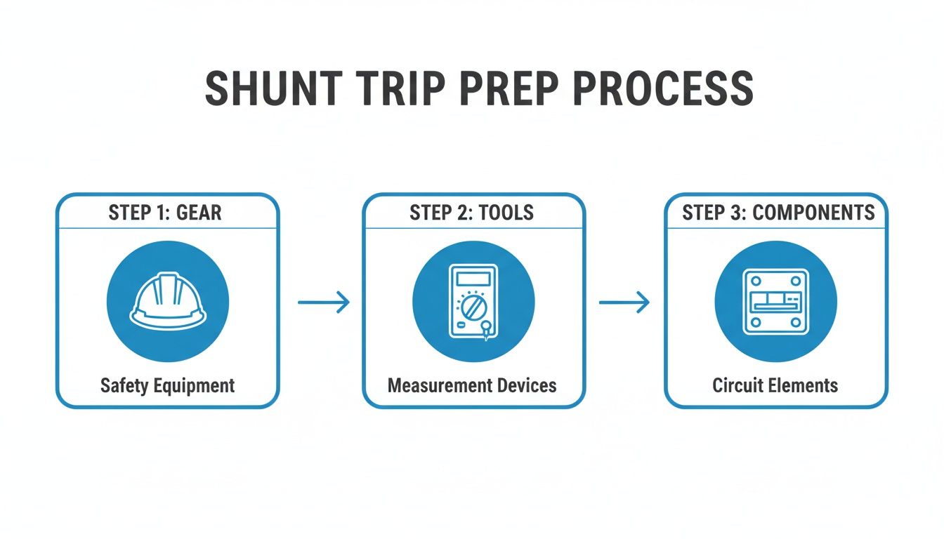 A diagram outlining a 3-step shunt trip preparation process: gear, tools, and components.