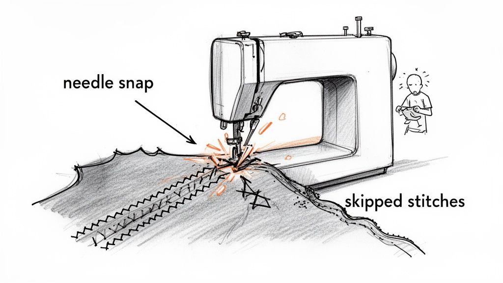 Illustration of a sewing machine with a snapped needle and sparks, showing skipped stitches on fabric, frustrating the user.