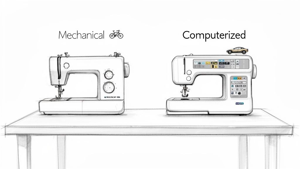 Two sewing machines on a table, one mechanical with dials, the other computerized with a digital screen.
