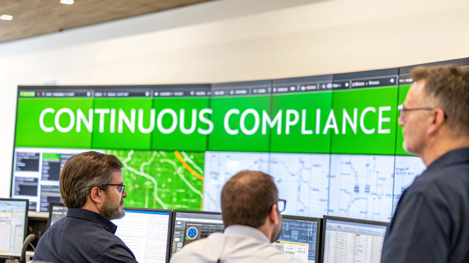 Three men in an operations center view a large screen displaying 'CONTINUOUS COMPLIANCE'.