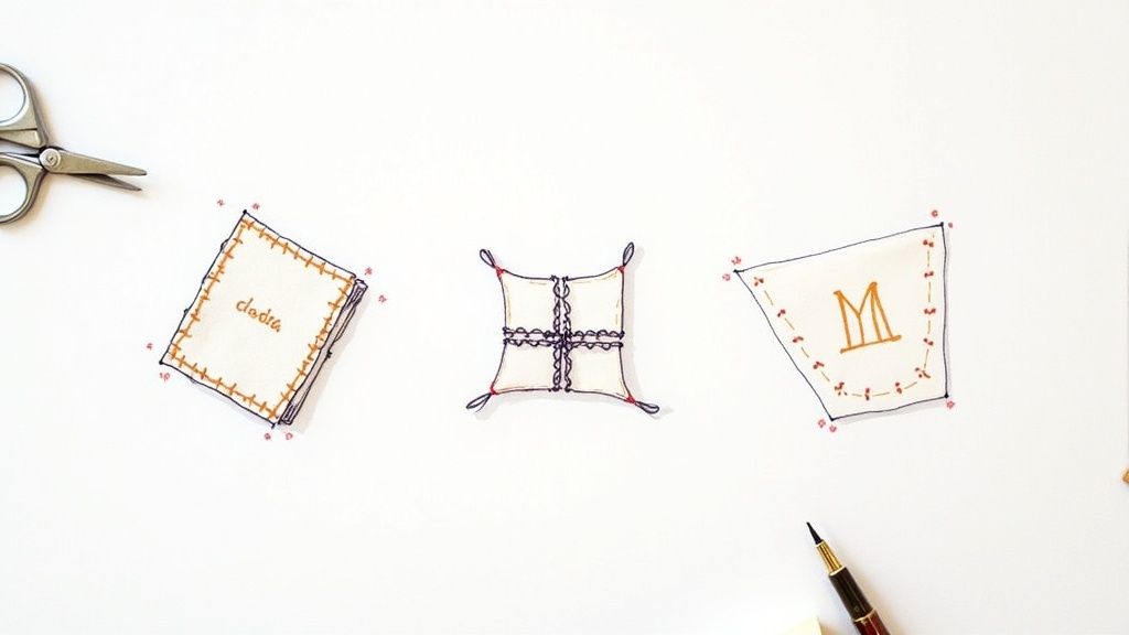 Three decorative fabric samples with embroidered edges and monograms displayed near scissors and pen