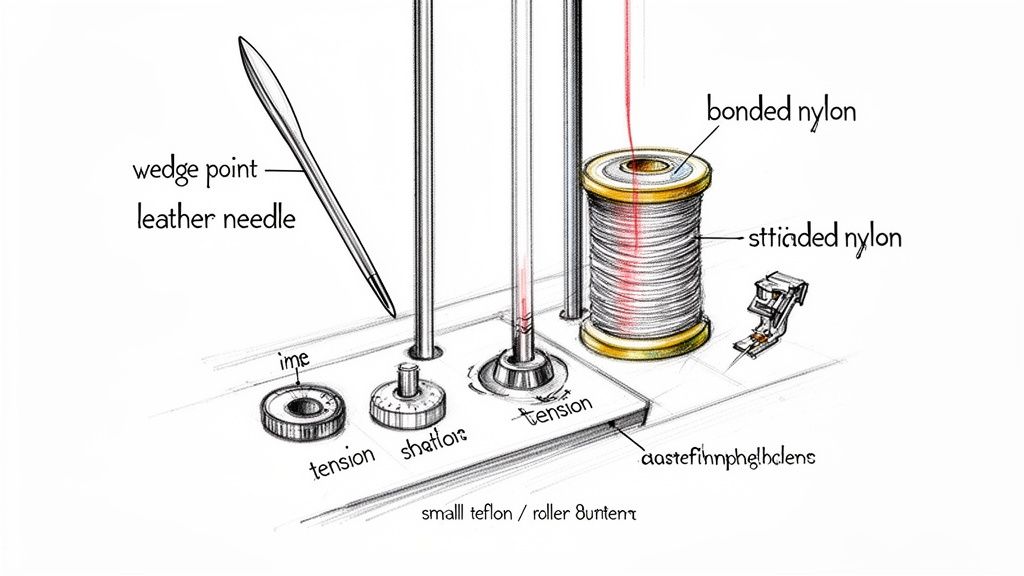 Close-up drawing of leather sewing machine parts, including needle, thread spools, and tension dials.