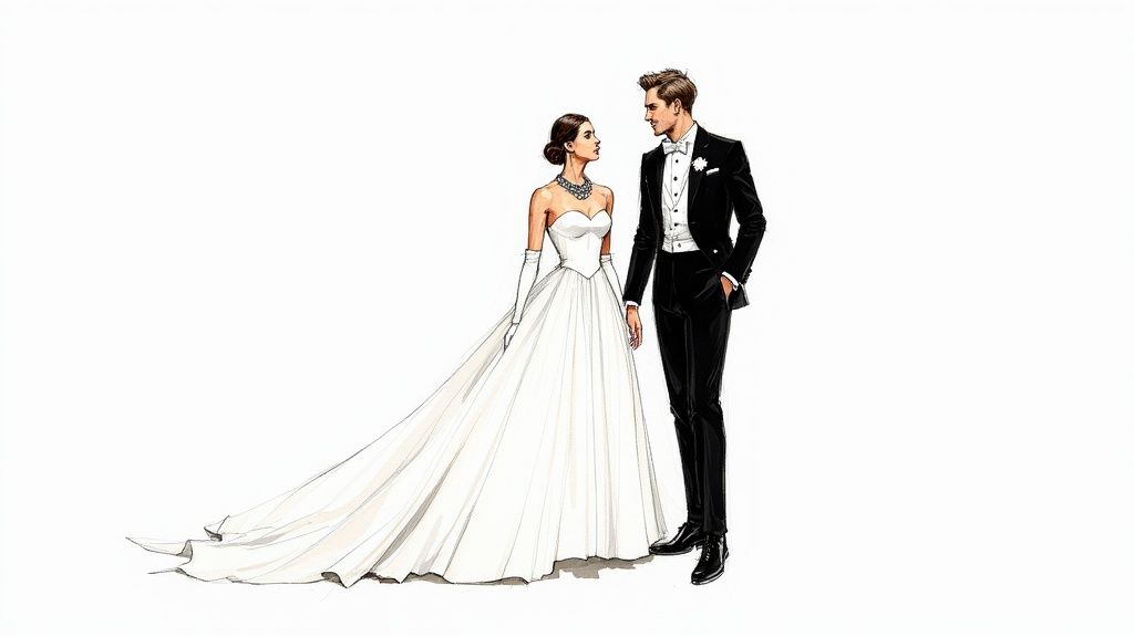Elegant illustration of a bride in a white wedding gown and a groom in a black tuxedo.
