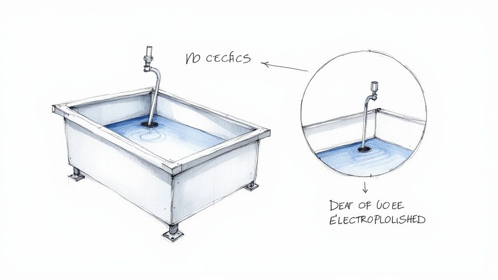 Sketch of an industrial tank with water, a pipe, and notes on electropolished drain and no crevices.