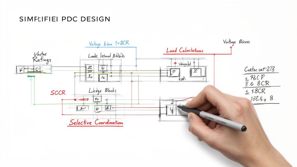 Hand drawing a detailed simplified power distribution center design diagram with various labeled sections.