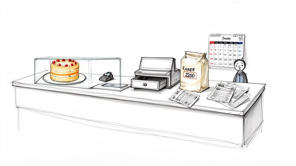 Illustration of a small business counter with a cake, cash register, sugar, and a worried person.